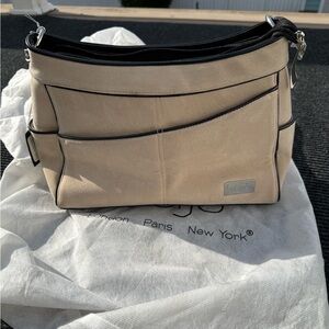 Beijo Couture Beige Suede Shoulder Bag with Black Accents